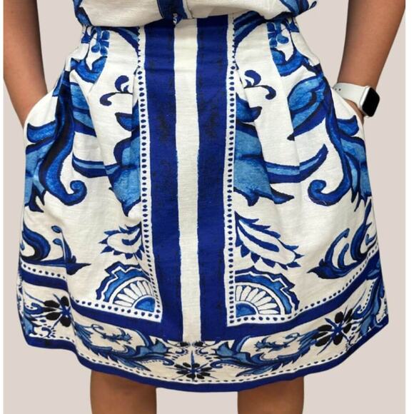 Mia Milani Linen-Blend Zanya Skirt in Sapphire Aqua Floral Motif Size Small - Picture 1 of 8